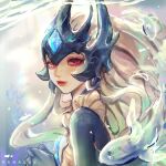  1girl animification blonde_hair brown_dress dress english_commentary eyelashes floating_hair from_side hanacues headdress highres league_of_legends long_hair looking_at_viewer nami_(league_of_legends) own_hands_together parted_lips redhead solo sparkling_eyes underwater very_long_hair 