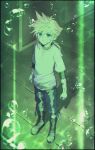  1boy aged_down bandage_on_face bandages bandaid bandaid_on_arm black_shirt blonde_hair blue_eyes boots brick_floor bubble cloud_strife final_fantasy final_fantasy_vii final_fantasy_vii_remake full_body hair_between_eyes highres layered_shirt looking_at_viewer low_ponytail male_child male_focus medium_hair shi3ashi3a shirt shorts solo spiky_hair standing t-shirt white_shirt 