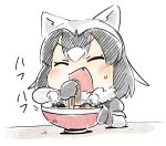  1girl ^_^ ^o^ ai_drawing_anime_characters_eating_ramen_(meme) animal_ears bangs black_gloves black_hair blush blush_stickers bowl closed_eyes common_raccoon_(kemono_friends) eating elbow_rest facing_viewer fang food fur_collar gloves grey_hair hand_up happy hatching_(texture) heavy_breathing holding holding_food kemono_friends linear_hatching meandros meme motion_lines multicolored_hair no_nose noodles open_mouth panzuban raccoon_ears ramen short_hair simple_background smile solo steam sweat table upper_body v-shaped_eyebrows white_background 