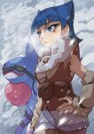  1girl arm_warmers bangs blue_eyes blue_hair blunt_bangs brown_vest closed_mouth coin_(pokemon) commentary_request day eyeshadow facial_mark grey_skirt hand_on_hip highres kono2noko makeup outdoors pokemon pokemon_(creature) pokemon_(game) pokemon_legends:_arceus short_hair skirt snowing toxicroak vest 