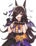  1girl animal_ears bad_id bad_twitter_id bat_(animal) bat_wings black_bow black_bowtie black_gloves black_hair black_hairband blue_flower blue_wings bow bowtie brooch center_frills claw_pose collared_shirt commentary fangs flower frilled_hairband frills gloves hair_flower hair_ornament hair_over_one_eye hair_ribbon hairband halloween halloween_costume highres horse_ears horse_girl horse_tail jack-o&#039;-lantern_ornament jewelry long_hair looking_at_viewer make_up_in_halloween!_(umamusume) motion_lines official_alternate_costume open_mouth orange_bow puffy_short_sleeves puffy_sleeves purple_ribbon purple_skirt ribbon rice_shower_(umamusume) shidare_(youh4016) shirt short_sleeves simple_background skirt solo spider_web_print standing tail umamusume violet_eyes white_background white_shirt wings 