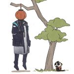  arknights black_cat black_jacket cat doctor_(arknights) highres jacket lantern luoxiaohei scarecrow shadow simple_background the_legend_of_luo_xiaohei tree white_background xiaoqiu_naicha 