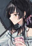  1girl bangs black_hair black_umbrella blunt_bangs blush chobo_ume choker frilled_choker frilled_umbrella frills highres holding_handkerchief idolmaster idolmaster_shiny_colors looking_down mayuzumi_fuyuko neck_ribbon off-shoulder_shirt off_shoulder rain ribbon shirt solo sweatdrop umbrella upper_body 