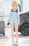 1girl absurdres backpack bag blonde_hair blue_sweater blurry blurry_background blush car casual cellphone contemporary dolri flower full_body genshin_impact ground_vehicle hair_flower hair_ornament highres holding holding_phone legs looking_at_viewer lumine_(genshin_impact) motor_vehicle phone shirt shoes smile sneakers solo standing sweater thighs white_footwear white_shirt 