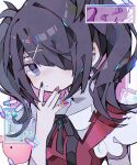  1girl ame-chan_(needy_girl_overdose) black_hair black_nails black_ribbon cat closed_mouth glitch hair_ornament hair_over_one_eye hand_up highres looking_at_viewer lsd medium_hair multicolored_nails nail_polish needy_girl_overdose pill pink_nails red_vest ribbon solo soresaki twintails upper_body vest violet_eyes wide_sleeves window_(computing) x_hair_ornament 