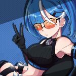  1girl artist_name bare_shoulders blue_hair bmkro breasts close-up cobalt-b_(tower_of_fantasy) crop_top expressionless glasses gloves highres looking_at_viewer medium_breasts medium_hair mole mole_under_eye simple_background solo tower_of_fantasy v yellow_eyes 