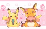  blush_stickers closed_mouth commentary_request flower holding looking_at_viewer no_humans pikachu pink_flower pokemon pokemon_(creature) raichu sitting smile tansho 