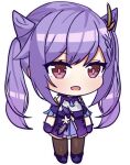  1girl :d azur_lane bangs chibi choker commentary cone_hair_bun detached_sleeves double_bun english_commentary essex_face full_moon genshin_impact gloves hair_between_eyes hair_bun hair_ornament keqing_(genshin_impact) long_hair looking_at_viewer moon parody purple_gloves purple_hair short_sleeves sidelocks simple_background smile solo standing style_parody svol transparent_background twintails violet_eyes 