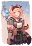  1girl absurdres animal_ears arknights black_bow black_hairband black_jacket black_skirt blue_bow bow braid cat_ears cat_girl cowboy_shot floppy_ears goldenglow_(arknights) gradient gradient_background hair_bow hairband hand_up highres jacket lightning_bolt_print looking_at_viewer multicolored_clothes multicolored_jacket open_clothes open_jacket orange_eyes pink_jacket print_hairband shirt simple_background skirt smile solo staff starfish11 two-tone_jacket v white_shirt 