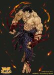  1boy barefoot biceps cross_scar facial_hair fiery_clothing goatee highres large_feet large_hands large_pectorals male_focus mature_male muscular muscular_male nanase_miri obliques official_art pants pectorals scar scar_across_eye scar_on_arm scar_on_back scar_on_cheek scar_on_chest scar_on_face scar_on_forehead scar_on_stomach short_hair solo spiky_hair topless_male torn_clothes torn_pants war_of_zodiac 