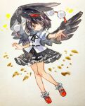  1girl bangs black_hair black_ribbon black_skirt black_wings blush closed_mouth commentary feathered_wings frilled_skirt frills full_body hat highres key747h knees_together_feet_apart looking_at_viewer mary_janes medium_hair one-hour_drawing_challenge pom_pom_(clothes) puffy_short_sleeves puffy_sleeves red_eyes red_footwear red_headwear ribbon shameimaru_aya shirt shoes short_sleeves skirt smile socks solo tokin_hat touhou traditional_media white_shirt white_socks wings 