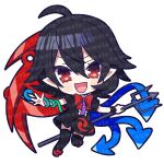  1girl :d ahoge asymmetrical_wings bangs black_dress black_hair black_thighhighs blue_wings bow chibi dress footwear_bow full_body highres houjuu_nue looking_at_viewer open_mouth pointy_ears polearm red_eyes red_footwear red_wings short_hair smile snake_armband solo thigh-highs touhou transparent_background trident watermark weapon wings yoriteruru 