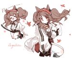  1girl :d angelina_(arknights) animal_ears arknights black_shirt black_shorts black_socks broom broom_riding brown_hair character_name chibi closed_eyes earpiece floating_hair fox_ears fox_girl hairband hansuitianer jacket leaf long_hair looking_at_viewer maple_leaf multiple_views open_clothes open_jacket open_mouth oripathy_lesion_(arknights) red_eyes red_hairband shirt shorts simple_background sketch smile socks striped striped_hairband twintails white_background white_jacket 