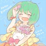  1girl 2018 ^_^ blue_background bouquet bow closed_eyes daisy dated dress eyes_visible_through_hair flower green_hair hair_flower hair_ornament hand_up holding holding_bouquet katiko macross macross_frontier no_nose open_mouth petals pink_bow pink_flower ranka_lee short_hair smile solo twitter_username 