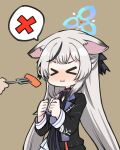  &gt;_&lt; 1girl 1other :i animal_ears bangs black_dress black_hair black_ribbon blue_archive blush brown_background carrot clenched_hand closed_eyes commentary dress feeding food fork grey_hair hair_ribbon halo holding holding_fork kokona_(blue_archive) long_hair long_sleeves multicolored_hair nose_blush ribbon sakaguchi_(x+1) sidelocks simple_background solo_focus spoken_x streaked_hair symbol-only_commentary very_long_hair x 