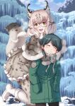  2girls :d animal_ear_fluff animal_print arms_around_neck bangs behind_another black_hair bodystocking boots capelet captain_(kemono_friends) closed_eyes coat day eurasian_lynx_(kemono_friends) frills fur_trim glasses gloves green_eyes grey_hair hands_in_pockets highres hug hug_from_behind ice kemono_friends kosai_takayuki long_hair long_sleeves looking_at_viewer lynx_ears lynx_girl lynx_tail multicolored_hair multiple_girls open_mouth outdoors pocket semi-rimless_eyewear short_hair side_ponytail skirt smile snow under-rim_eyewear 