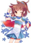  1girl :&lt; animal_ears arle_nadja armor bangs blue_flower blue_skirt breastplate brown_eyes brown_hair cat_ears dotted_line flower hand_in_own_hair highres long_shirt muneate one_eye_closed puyopuyo shirt short_sleeves simple_background skirt standing white_background white_shirt xox_xxxxxx 