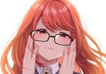  1girl black-framed_eyewear blush commentary english_commentary fingernails glasses hands_on_own_face highres lips long_hair looking_at_viewer persona persona_5 persona_5_the_royal pink_lips red_eyes redhead simple_background smile solo upper_body white_background yoshizawa_sumire yura_s_arts 