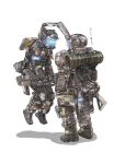  2boys a-wall_pilot_(titanfall_2) assault_visor black_bodysuit bodysuit camouflage camouflage_gloves charge_rifle energy_gun extra_arms glowing grapple_pilot_(titanfall_2) gun helmet highres holding holding_gun holding_weapon kotone_a lifting_person male_focus multiple_boys pilot_(titanfall_2) rifle science_fiction shadow spitfire_mk2 standing titanfall_(series) titanfall_2 weapon weapon_on_back x-55_devotion 