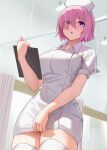  1girl bangs blush bob_cut breasts eyes_visible_through_hair fate/grand_order fate_(series) hair_over_one_eye hat highres hospital large_breasts looking_at_viewer mash_kyrielight nurse nurse_cap open_mouth pink_hair short_hair short_sleeves solar_(happymonk) solo teeth thigh-highs thighs upper_teeth violet_eyes white_headwear white_thighhighs 