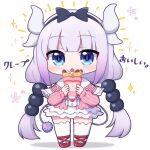  1girl bangs black_bow black_hairband blue_eyes blush_stickers bow capelet chestnut_mouth chibi commentary_request crepe dragon_horns dress food full_body grey_hair hairband highres holding holding_food horns kanna_kamui kobayashi-san_chi_no_maidragon long_hair looking_at_viewer low_twintails open_mouth pink_dress red_footwear rensei shadow shoes simple_background solo standing tail thigh-highs translation_request twintails very_long_hair white_background white_capelet white_thighhighs 