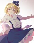  1girl absurdres aged_down alice_margatroid alice_margatroid_(pc-98) blonde_hair blue_bow blue_hairband blue_skirt book bow breasts collared_shirt commentary_request frilled_shirt_collar frilled_skirt frills grimoire_of_alice guumin hair_bow hairband highres outstretched_arms pout puffy_short_sleeves puffy_sleeves shirt short_hair short_sleeves simple_background skirt small_breasts solo suspender_skirt suspenders touhou touhou_(pc-98) white_skirt yellow_eyes 