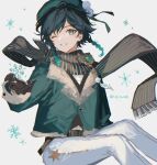  1boy androgynous aqua_hair bangs beret black_hair braid brown_gloves coat feet_out_of_frame genshin_impact gloves gradient_hair green_coat green_eyes green_headwear grey_scarf hair_ornament hat male_focus multicolored_hair one_eye_closed pants parted_lips pom_pom_(clothes) pom_pom_hair_ornament scarf short_hair_with_long_locks sitting smile snowflakes solo striped striped_scarf teeth twin_braids twitter_username ueauwa venti_(genshin_impact) white_background white_pants winter_clothes 