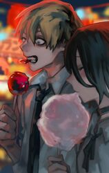  1boy 1girl black_choker black_hair black_necktie blonde_hair candy_apple chainsaw_man choker closed_eyes collared_shirt cotton_candy denji_(chainsaw_man) eating food highres looking_down medium_hair nakano_(mitinni_tk) necktie reze_(chainsaw_man) ribbon shirt short_hair sleeves_rolled_up white_shirt 