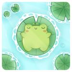  artist_name blush_stickers closed_eyes closed_mouth day frog highres lemon-illustrations lily_pad lying no_humans on_back original outdoors smile water 