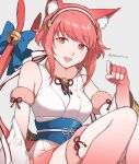  1girl :d animal_ears bangs cat_ears cat_tail dress elbow_gloves fang fingerless_gloves fire_emblem fire_emblem_fates fire_emblem_heroes fur_trim gloves hairband highres japanese_clothes looking_at_viewer official_alternate_costume paw_pose peach11_01 pink_eyes pink_gloves pink_hair pink_thighhighs sakura_(fire_emblem) short_hair sleeveless sleeveless_dress smile solo tail thigh-highs twitter_username white_dress white_thighhighs 
