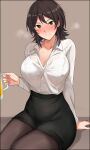  1girl absurdres alcohol amagami beer beer_mug black_pantyhose black_skirt breasts collared_shirt cowboy_shot cup dress_shirt drunk grey_background highres large_breasts looking_at_viewer mobu mug pantyhose pencil_skirt shirt simple_background sitting skirt solo takahashi_maya white_shirt 