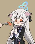  1girl 1other :i animal_ears bangs black_dress black_hair black_ribbon blue_archive blush brown_background carrot clenched_hand commentary dress feeding food fork grey_hair hair_ribbon halo holding holding_fork kokona_(blue_archive) long_hair long_sleeves multicolored_hair nose_blush orange_eyes ribbon sakaguchi_(x+1) sidelocks simple_background solo_focus streaked_hair symbol-only_commentary tears very_long_hair 