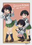  3girls bangs black_eyes black_hair blunt_bangs blush bob_cut clothes_lift dated girls_und_panzer gotou_moyoko konparu_nozomi kuroneko_douji long_sleeves miniskirt multiple_girls neckerchief ooarai_school_uniform open_mouth pleated_skirt school_uniform serafuku shirt short_hair skirt skirt_lift sono_midoriko standing 