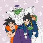  3boys annoyed armor cape carrying closed_eyes colored_skin commentary dragon_ball dragon_ball_z english_commentary frown gloves green_skin grin half-closed_eyes jorongbak male_focus multiple_boys muscular muscular_male piccolo pointy_ears shoulder_pads smile son_goku vegeta white_cape white_gloves 