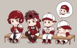 4boys backwards_hat ball baseball baseball_bat baseball_cap baseball_helmet baseball_mitt baseball_uniform bright_pupils brown_eyes closed_eyes closed_mouth crossed_arms grey_background grin hat heart helmet highres holding holding_ball itadori_yuuji jujutsu_kaisen layered_sleeves long_sleeves looking_at_viewer male_focus multiple_boys multiple_persona open_mouth pants pink_hair red_footwear red_headwear shirt shoes short_hair short_over_long_sleeves short_sleeves simple_background sitting smile spoken_character sportswear tootigee v white_headwear white_pants white_pupils white_shirt 