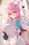  1girl animal_ears bangs blush breasts hakui_koyori highres hololive intravenous_drip iv_stand large_breasts looking_at_viewer nurse pink_hair smile solo violet_eyes virtual_youtuber wolf_ears wolf_girl yan_c 