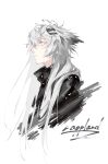  1girl arknights as931 black_jacket blue_eyes character_name grey_hair hair_ornament hairclip highres jacket lappland_(arknights) long_hair messy_hair portrait scar scar_across_eye simple_background solo white_background 