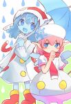  2girls aqua_hair blue_eyes blue_skin blush_stickers colored_skin fairy_wings fish_hat frau_(puyopuyo) green_background hair_between_eyes hat head_tilt holding holding_umbrella long_hair long_sleeves looking_at_another monster_girl multiple_girls open_mouth pink_hair pocket pointy_ears puyopuyo red_footwear red_scarf scarf shirt shoes short_sleeves slime_girl smile snowflake_hat_ornament snowflakes umbrella undine_(puyopuyo) water_drop white_background white_headwear white_shirt wings xox_xxxxxx 