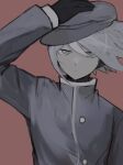  1boy arm_up bangs black_gloves black_headwear black_jacket buttons closed_mouth danganronpa_(series) danganronpa_v3:_killing_harmony frown gloves grey_eyes grey_hair headphones highres jacket keebo long_sleeves official_alternate_costume short_hair solo upper_body yuni_ro 