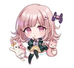  1girl :o animal_bag backpack bag bangs black_jacket black_thighhighs blunt_bangs blush brown_skirt cat_bag chibi collared_shirt controller danganronpa_(series) danganronpa_2:_goodbye_despair diaper dress_shirt ear_bow galaga hair_ornament hand_up jacket long_sleeves medium_hair miniskirt monomi_(danganronpa) moorina nanami_chiaki open_clothes open_jacket pink_bag pink_eyes pink_footwear pink_hair pleated_skirt shiny shiny_hair shirt shoes skirt teeth thigh-highs two-tone_shirt upper_teeth white_shirt 