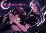  1boy 1girl blue_hair botan_(yu_yu_hakusho) breasts clouds crescent_moon fake_horns halloween hetero horns kurama_(yu_yu_hakusho) long_hair looking_at_viewer maid moon nenono open_mouth ponytail priest redhead sharp_teeth star_(sky) teeth violet_eyes yu_yu_hakusho 