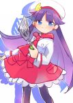  1girl bangs blue_eyes bow chef_uniform feli_(puyopuyo) gothic_lolita hat holding lolita_fashion long_hair long_sleeves looking_at_viewer pocket purple_hair puyopuyo red_bow red_skirt shirt simple_background skirt smile white_background white_headwear white_shirt xox_xxxxxx 