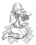  1girl crying dungeon_meshi elf highres hood kinuko_(kinucakes) lineart long_sleeves mandragora marcille pointy_ears robe sandals shrimp sitting utensil_in_mouth wariza 