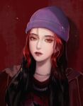  1girl beanie black_hair blueship4985 earrings eyebrow_cut hat highres hood hoodie jewelry korean_commentary lip_piercing lips long_hair looking_at_viewer multicolored_hair necklace nose original parted_lips piercing portrait red_background red_eyes redhead shadow solo 