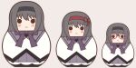  3girls :&lt; akemi_homura black_eyes black_hair black_hairband blush_stickers closed_mouth glasses hairband looking_at_viewer mahou_shoujo_madoka_magica matryoshka_doll multiple_girls red-framed_eyewear semi-rimless_eyewear under-rim_eyewear yuno385 