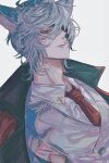 1boy animal bishounen blue_eyes blue_hair dutch_angle eyepatch formal from_below granblue_fantasy hair_over_one_eye highres looking_at_viewer male_focus muramitsu_(d3jgv) necktie nehan_(granblue_fantasy) red_necktie short_hair simple_background solo suit upper_body white_background white_suit