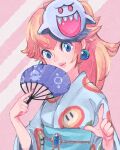  1girl bangs blonde_hair blooper_(mario) blue_eyes blue_gemstone blush boo_(mario) breasts closed_mouth commentary_request earrings fire_flower floral_print gem haisen hand_fan hands_up happy head_tilt highres jewelry light_blush lips long_hair long_sleeves looking_at_viewer mario_kart_tour mask mask_on_head nose_blush obi official_alternate_costume paper_fan partial_commentary pink_background pointing pointing_at_viewer ponytail princess_peach sash sidelocks simple_background small_breasts smile solo striped striped_background super_mario_bros. uchiwa upper_body wide_sleeves 