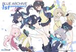  5girls 9ml animal_ears anniversary ayane_(blue_archive) black_hair blue_archive brown_hair cat_ears cat_girl english_text grey_hair hair_ribbon hoshino_(blue_archive) long_hair multiple_girls nonomi_(blue_archive) official_art pillow pink_hair pleated_skirt pointy_ears ribbon school_uniform serika_(blue_archive) shiroko_(blue_archive) shoes short_hair skirt sneakers twintails wolf_ears wolf_girl 