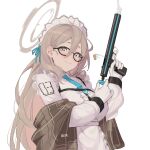  1girl akane_(blue_archive) black-framed_eyewear blue_archive blue_necktie blue_ribbon brown_eyes brown_hair closed_mouth fikkyun glasses gloves gun halo handgun holding holding_gun holding_weapon long_hair long_sleeves looking_at_viewer maid_headdress necktie ribbon shirt simple_background smile weapon white_background white_gloves white_shirt 