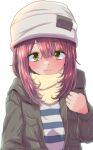  1girl beanie brown_hair green_eyes hat highres jacket jagi_(jagi_souken) long_hair scarf shirt solo striped striped_shirt toki_ayano white_background yurucamp 